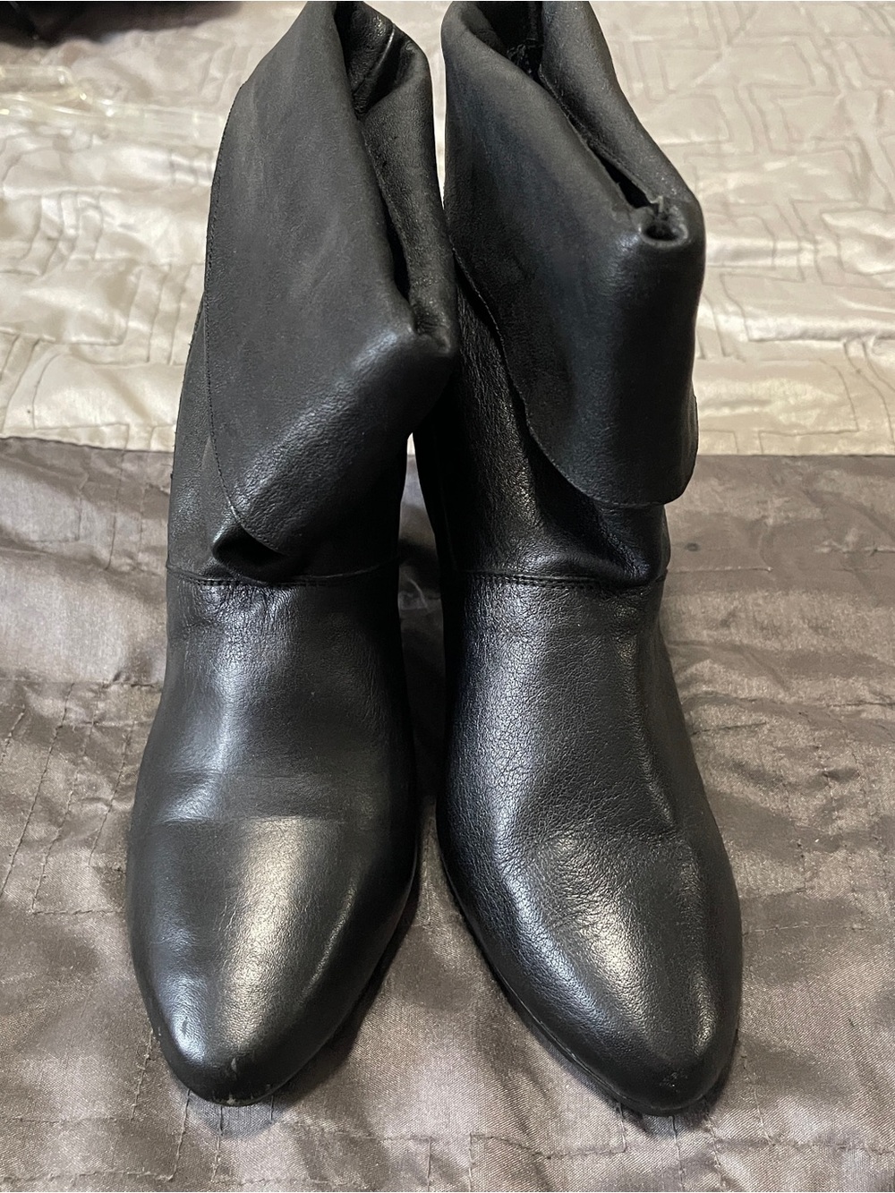 Black Fold-Over Leather Ankle Boots - Women's